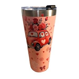 Tru Flask 30 oz Pink Tumbler Car Buggy Bow Heart Love Gift New
